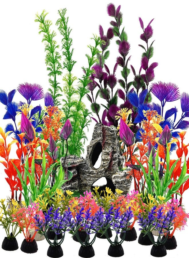 SLOCME 25 PCS Aquarium Plants & Rock Cave Decorations Set - Colorful Fish Tank Plastic Plants Ornaments with Resin Rock Hideout, Realistic Aquarium Decor Accessories for Freshwater & Saltwater Tanks - Image 1
